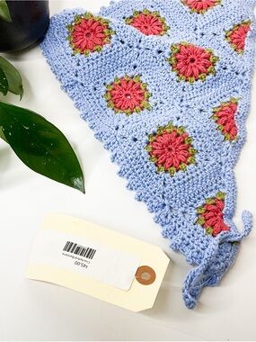 Handmade Periwinkle Crochet Bandana Floral Tie Headscarf